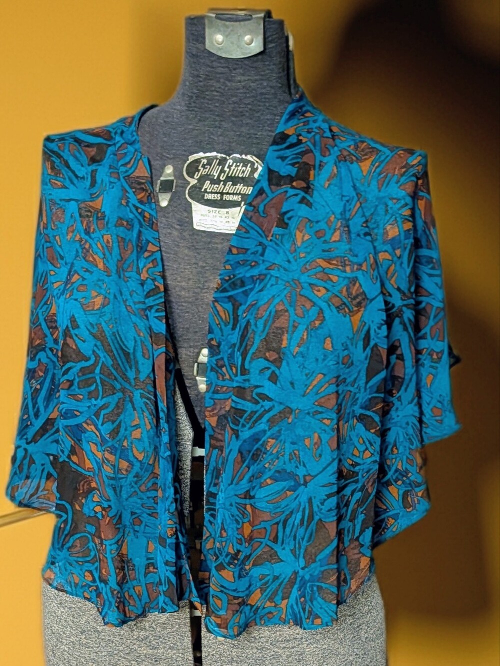 RARE Vintage Amanda Lane Y2K Teal Rust Abstract Palm Open Front Kimono Cape - OS